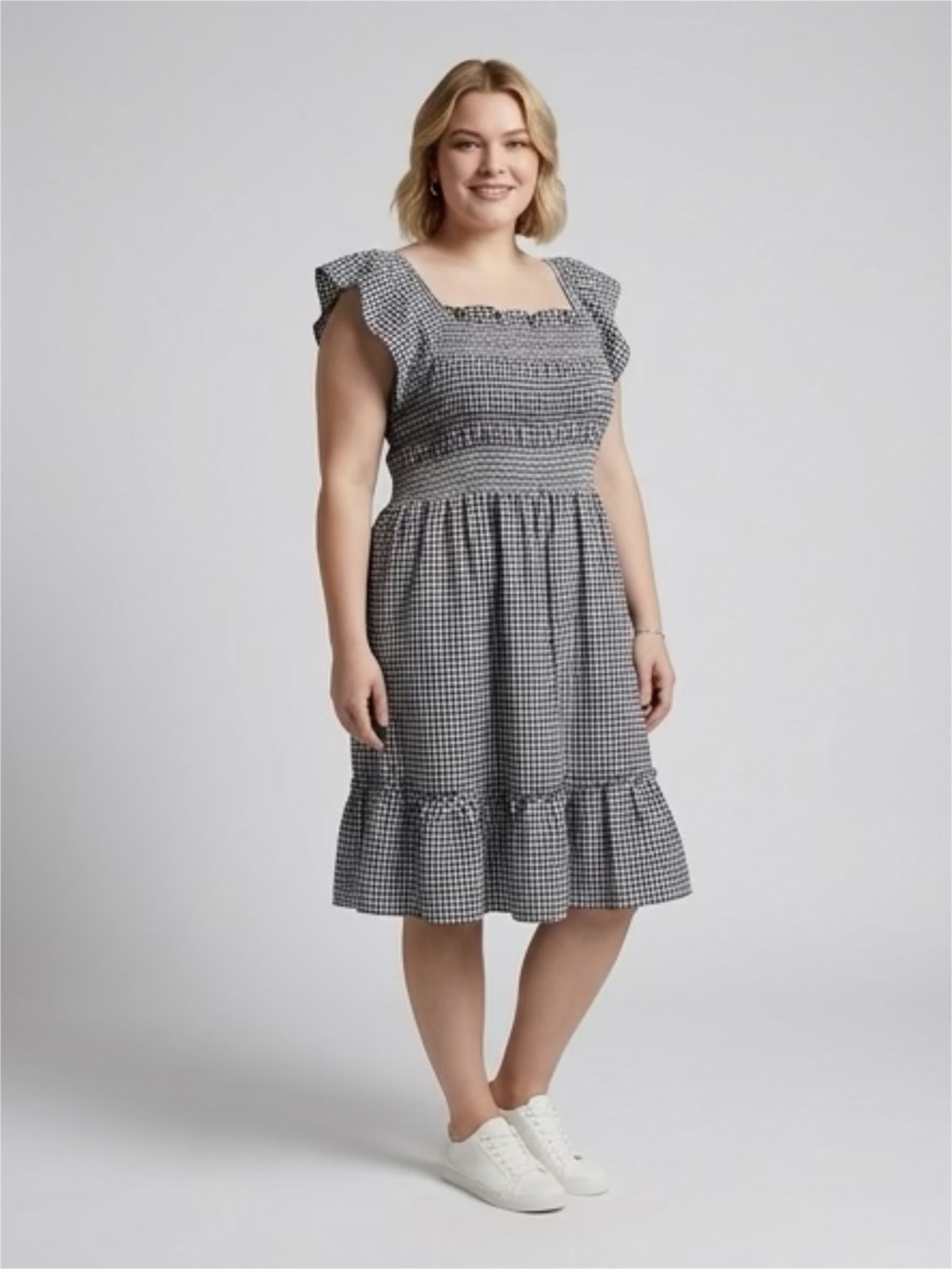 Terra & Sky 2X Gingham Smocked Midi Dress in Black, Purple, and Coral - Picture 5 of 9